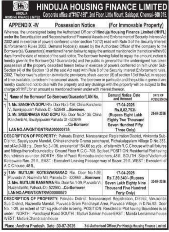 Possession Notice of Immovable Property by Hinduja Housing Finance