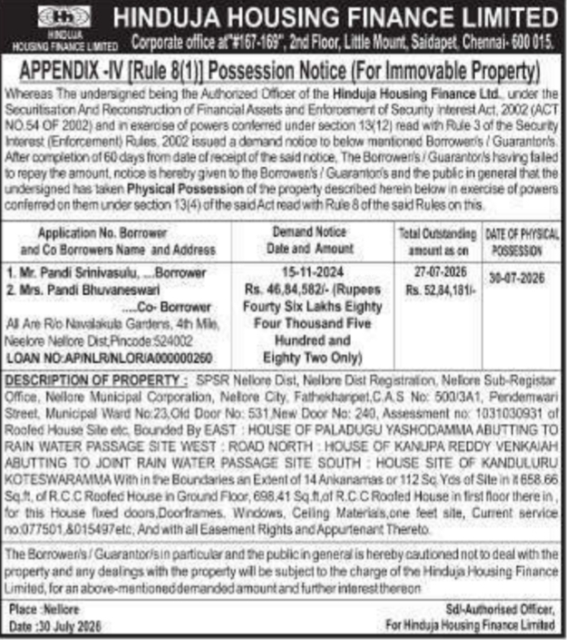 Possession Notice of Immovable Property by Hinduja Housing Finance