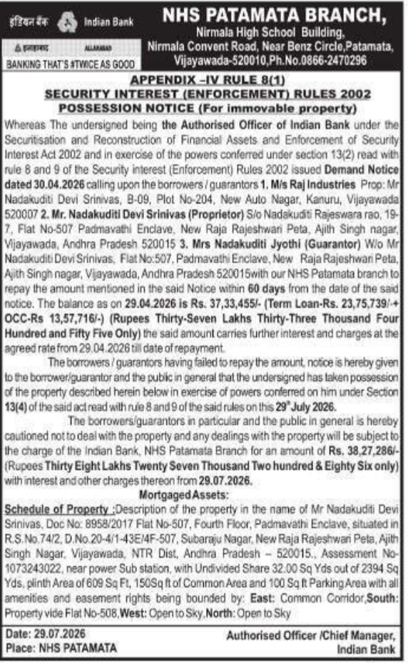 Possession Notice of Immovable Property by Indian Bank