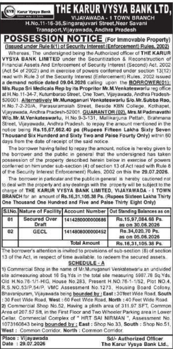 Possession Notice of Immovable Property by The Karur Vysya Bank