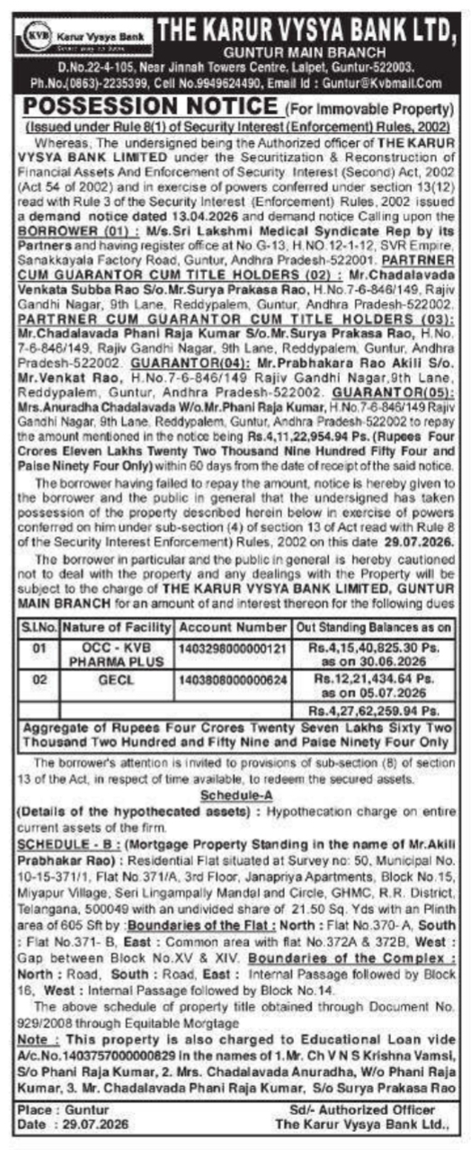 Possession Notice of Immovable Property by The Karur Vysya Bank