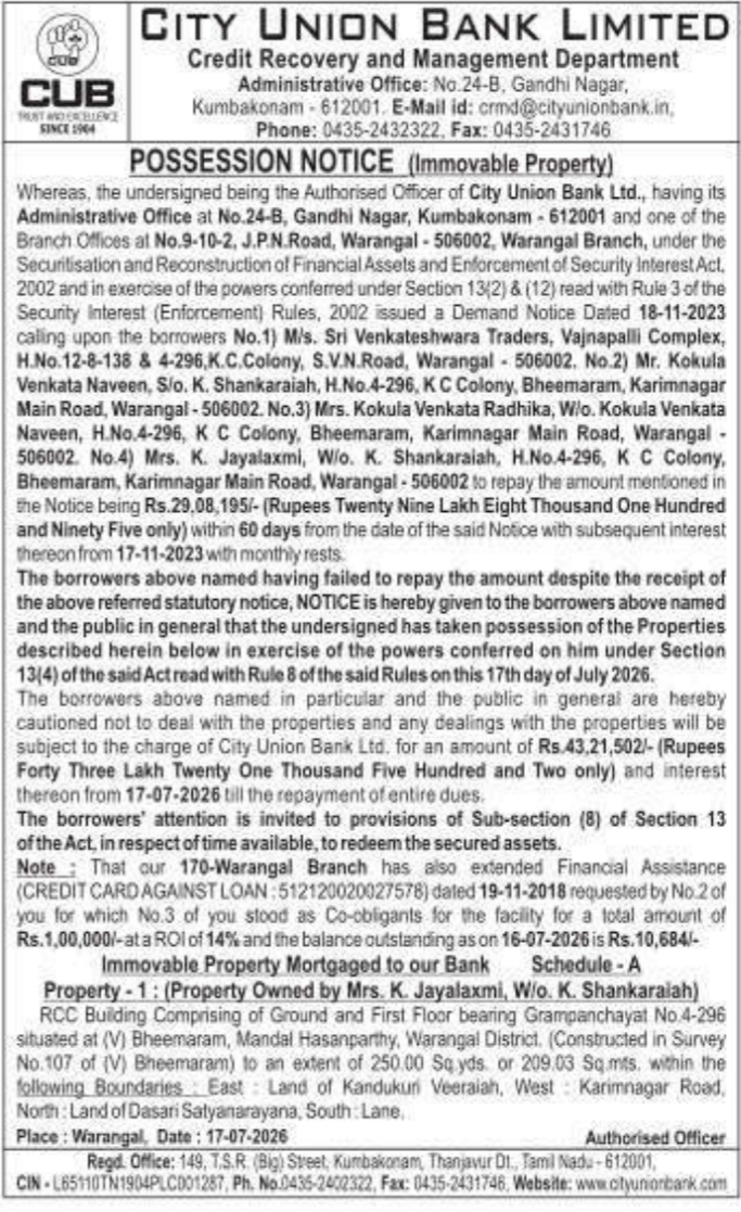 Possession Notice: Property Foreclosure Action City Union Bank Limited
