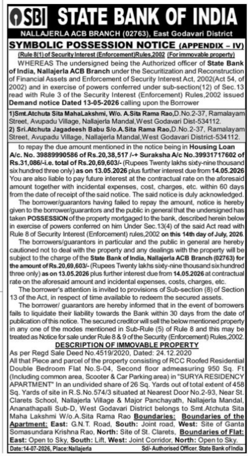 Possession Notice: Property Foreclosure State Bank of India