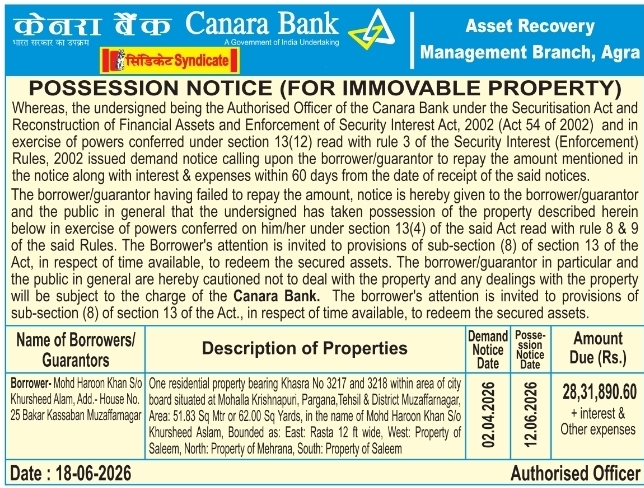 Possession Notice: Property Seizure by Canara Bank Agra
