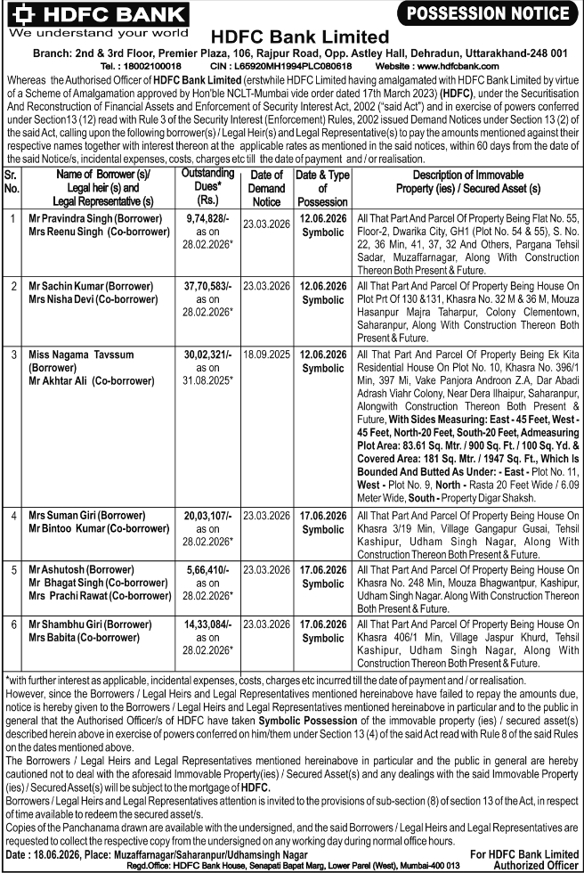 Possession Notice: Property Seizures by HDFC Bank Dehradun
