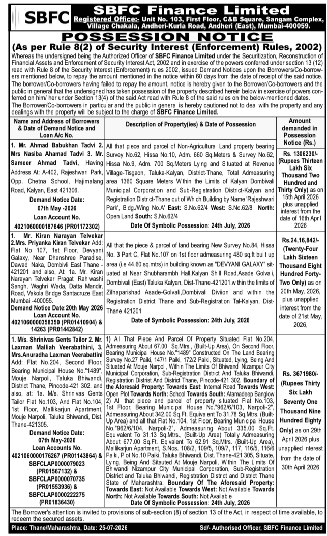 Possession Notice: SBFC Finance Limited Property Seizure