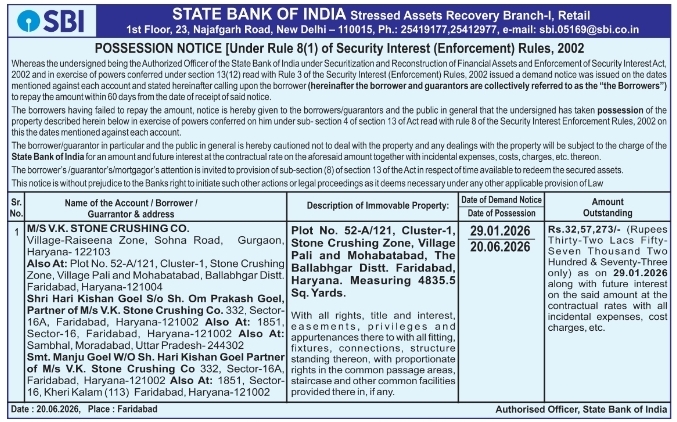 Possession Notice: State Bank of India Takes Property of M/S V.K. Stone Crushing Co.