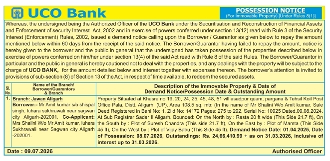 Possession Notice: UCO Bank Immovable Property Takeover
