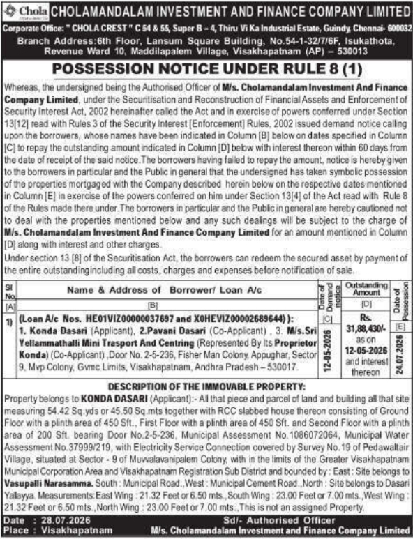 Possession Notice Under Rule 8(1) by Cholamandalam Investment