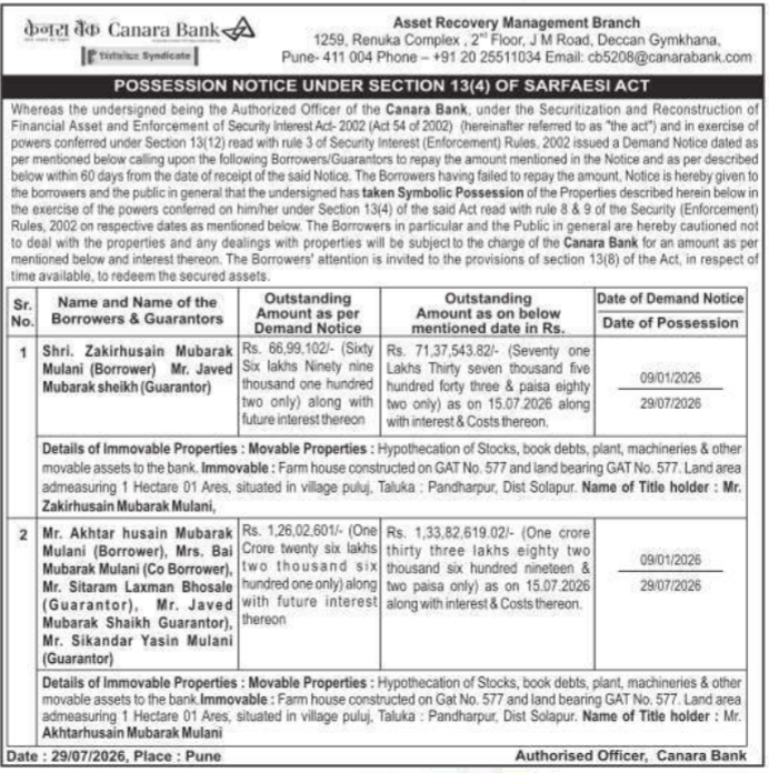Possession Notice under SARFAESI Act (Canara Bank)