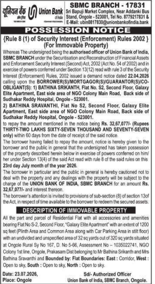 Possession of Immovable Property by Union Bank of India