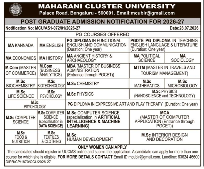 Post Graduate Admission Notification by Maharani Cluster University