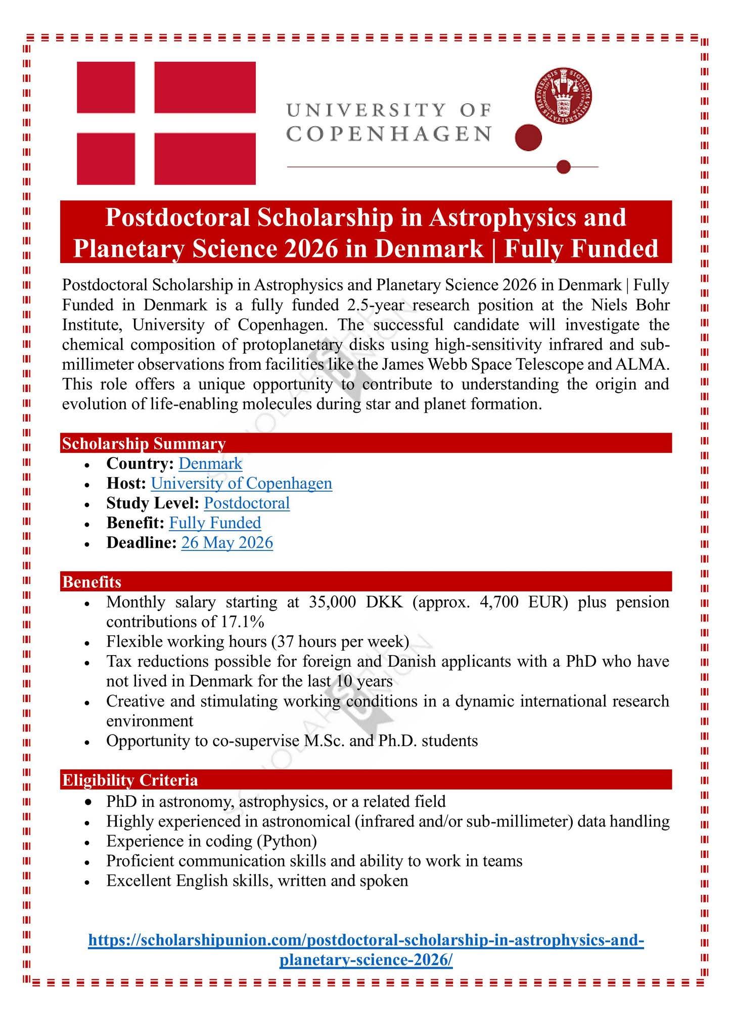 Postdoctoral Scholarship in Astrophysics and Planetary Science 2026 in Denmark