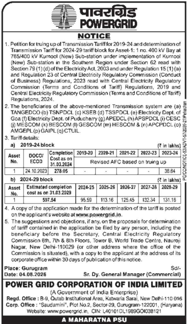Power Grid Corporation Transmission Tariff Determination Public Notice