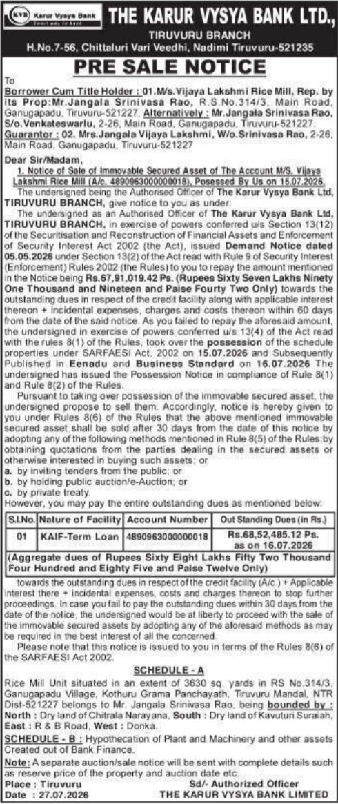 Pre-Sale Notice of Immovable Property by The Karur Vysya Bank Ltd.