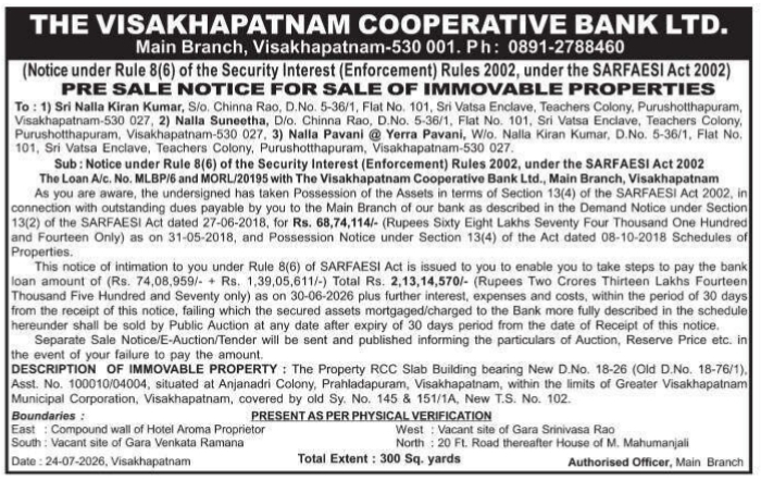 Pre-Sale Notice: Sale of Immovable Properties