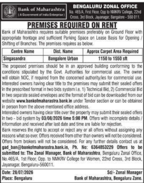 Premises Required on Rent by Bank of Maharashtra