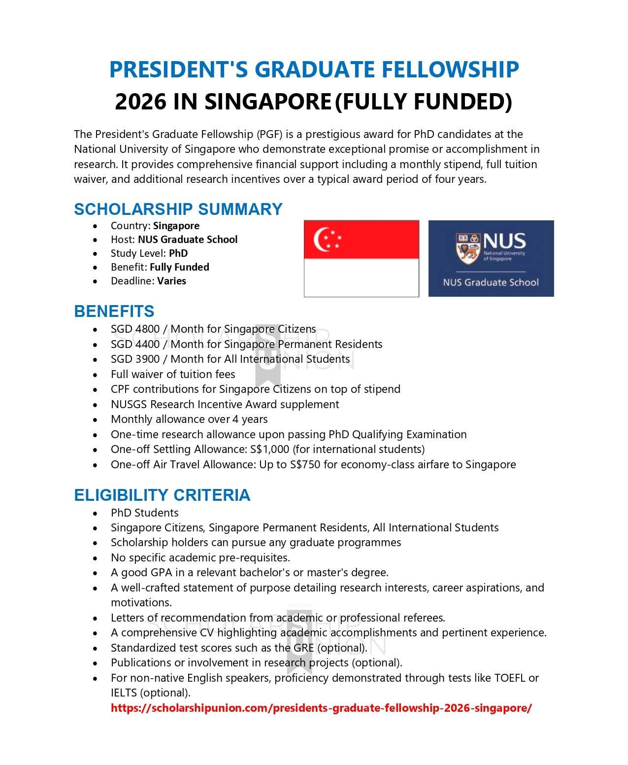 President’s Graduate Fellowship 2026 in Singapore