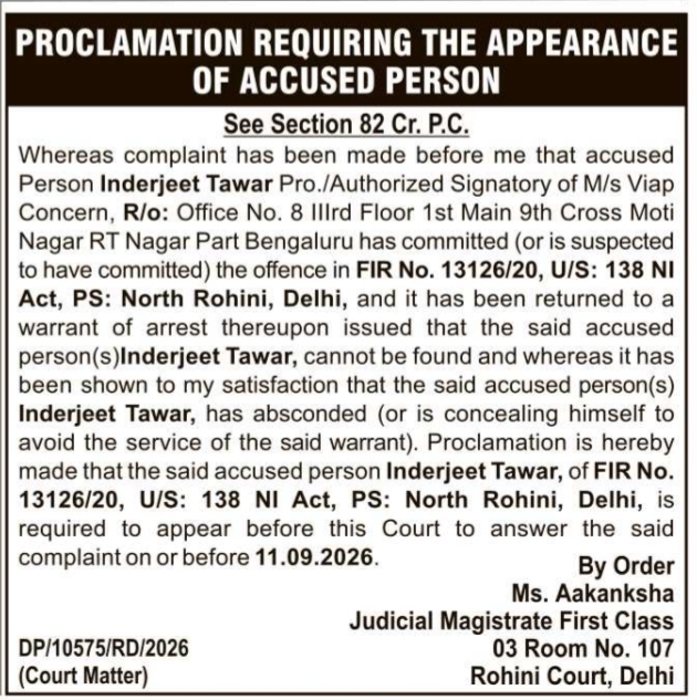 Proclamation Requiring Appearance of Accused Inderjeet Tawar
