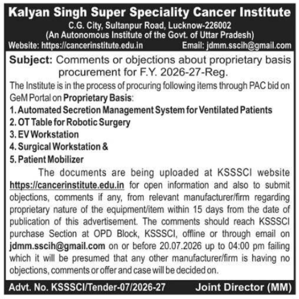 Procurement Notice: Kalyan Singh Super Speciality Cancer Institute