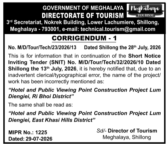 Project Location Amendment Corrigendum Notice by Meghalaya Tourism