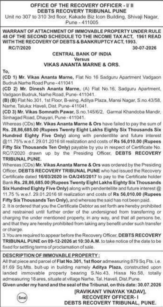 Property Attachment Warrant against Vikas Marne by DRT