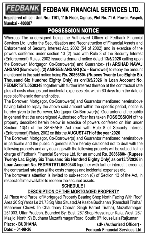 Property Possession Notice by Fedbank Financial Services