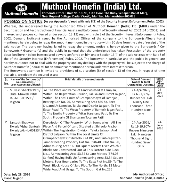 Property Possession Notice by Muthoot Homefin