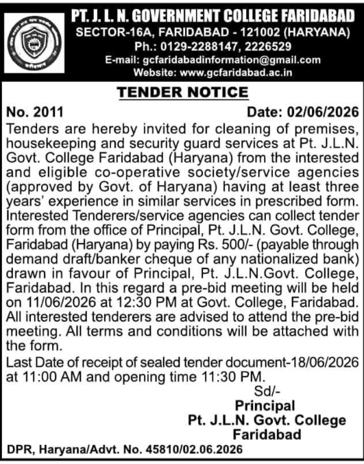 Pt. J.L.N. Govt College Faridabad Tender: Campus Cleaning, Housekeeping, & Security