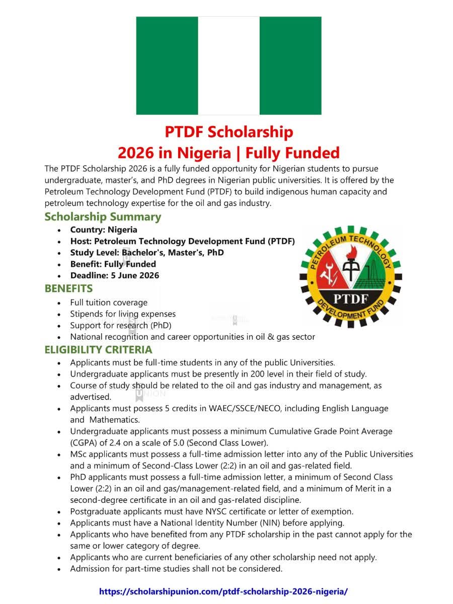 PTDF Scholarship 2026 in Nigeria