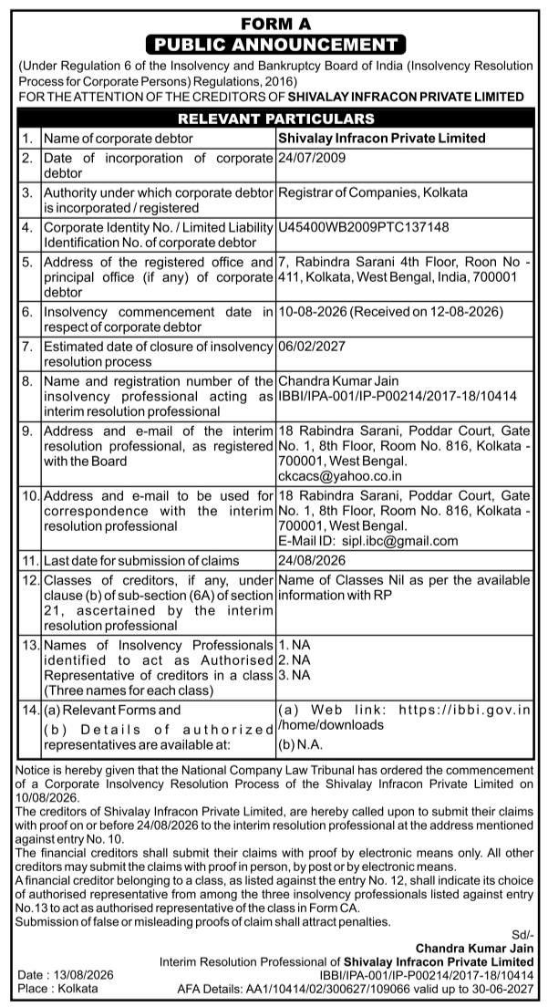 Public Announcement to the Creditors of Shivalay Infracon Private Limited