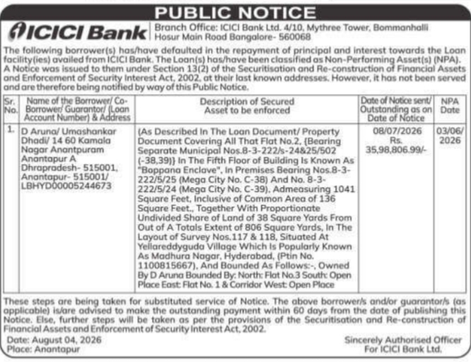 Public Debt Notice for Apartment Flat in Hyderabad