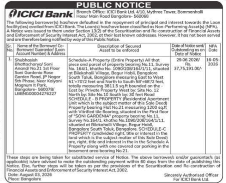 Public Default Notice for Substituted Service (ICICI Bank)