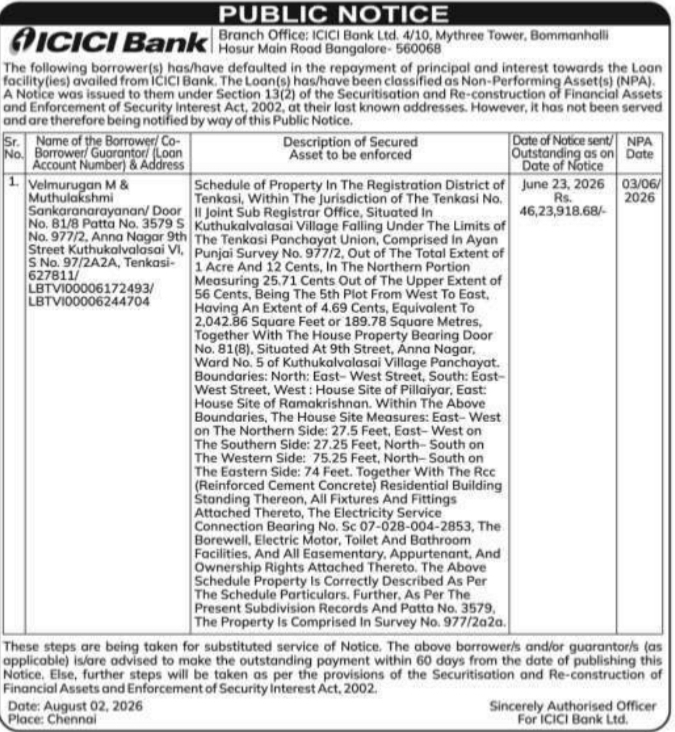 Public Default Notice under SARFAESI Act (ICICI Bank - Bommanahalli)