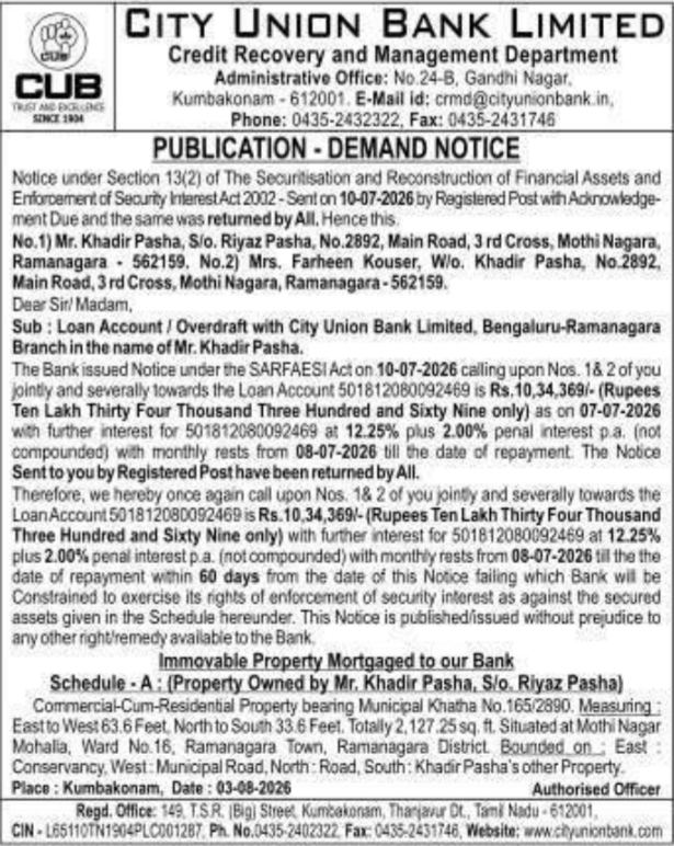 Public Demand Notice under SARFAESI Act by City Union Bank