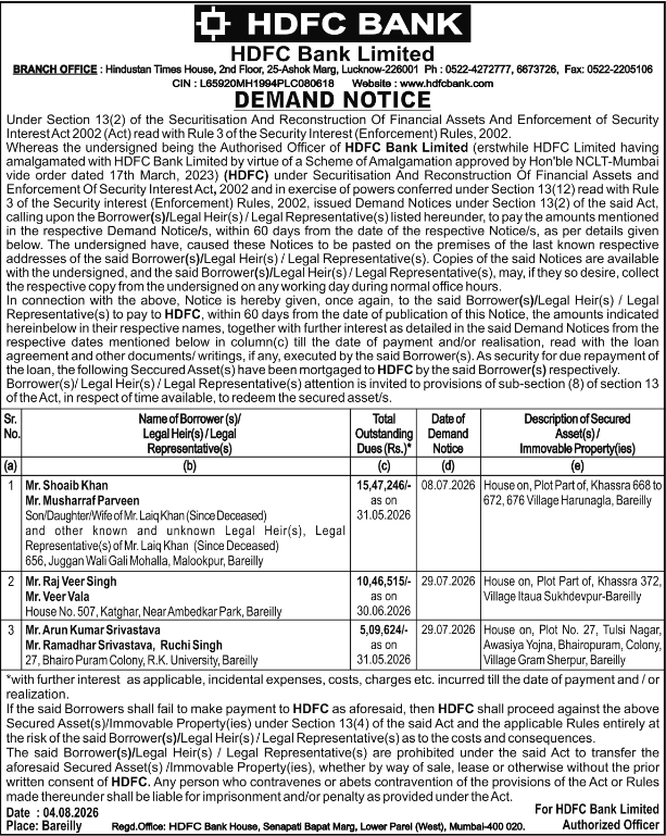 Public Demand Notice under SARFAESI Act by HDFC Bank Bareilly