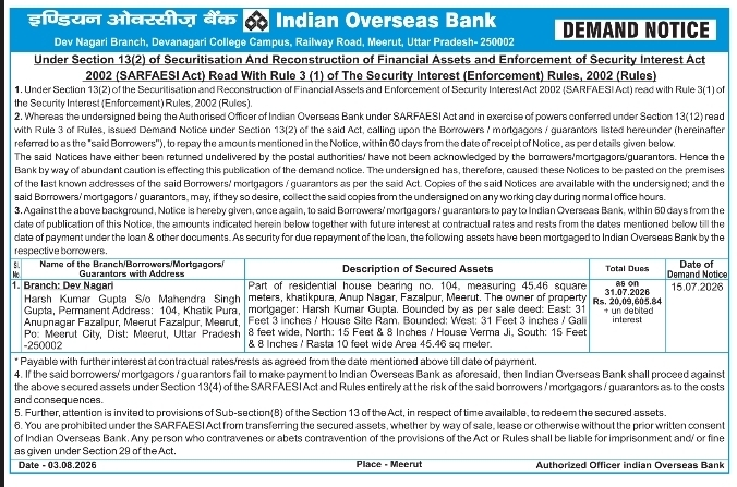 Public Demand Notice under SARFAESI Act by Indian Overseas Bank