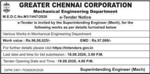 Public e-Tender Notice for Mechanical Works by Greater Chennai Corporation