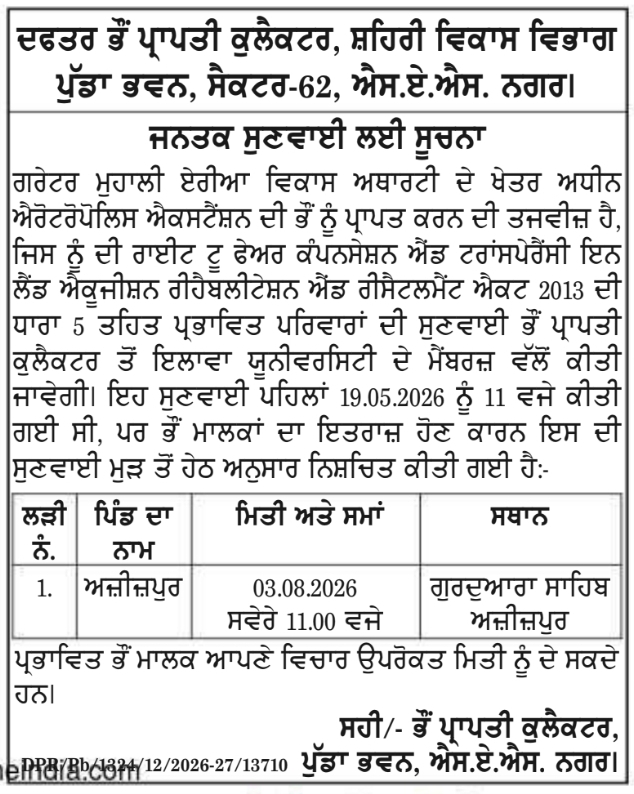 Public Hearing Notice for Land Acquisition by Urban Development Department