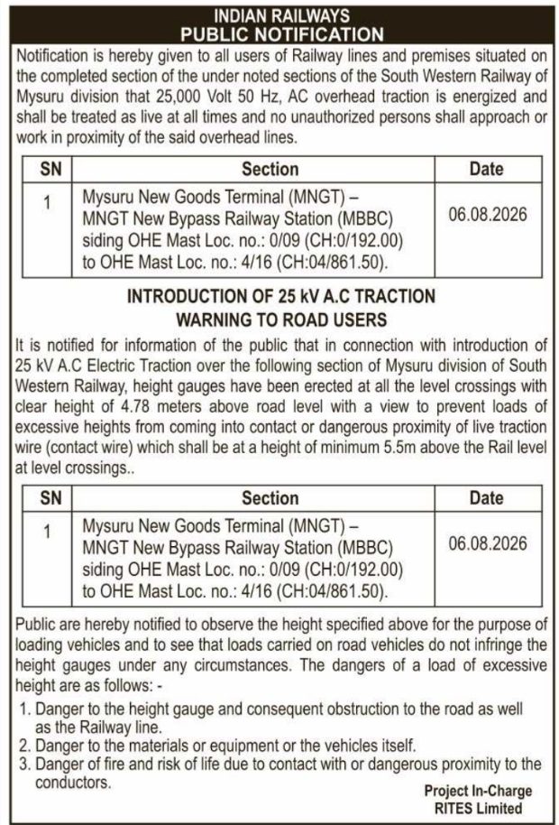 Public Notice and Safety Warning for Overhead Traction Lines