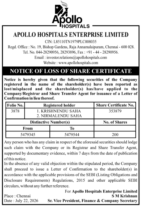 Public Notice: Apollo Hospitals Lost Share Certificate