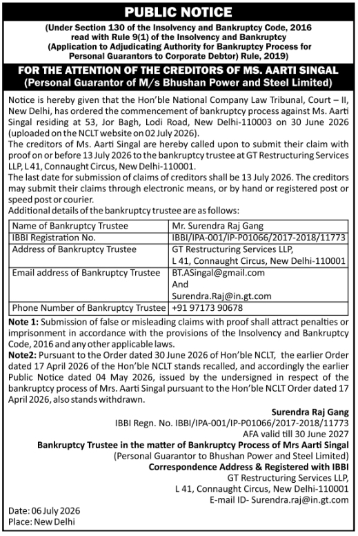 Public Notice: Bankruptcy Claims Submission for Aarti Singal