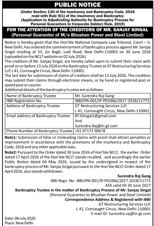 Public Notice: Bankruptcy Claims Submission for Sanjay Singal