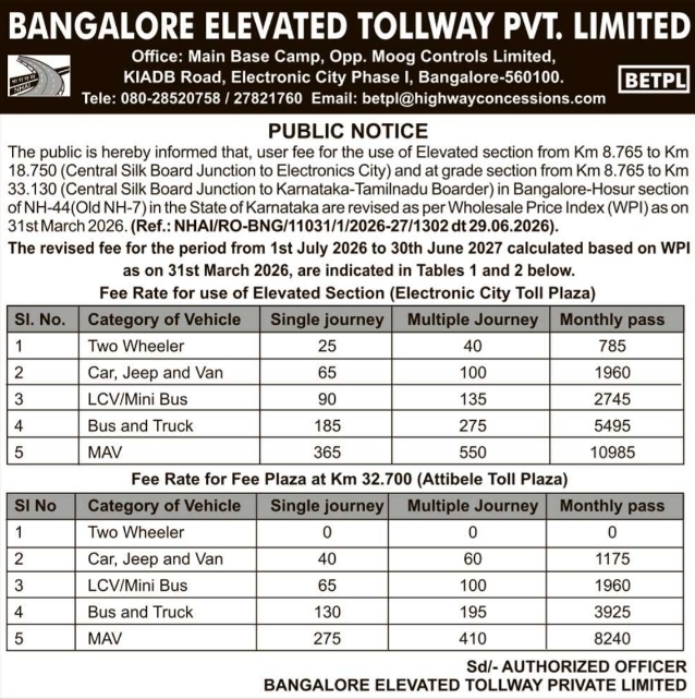 Public Notice: BETPL Bangalore Elevated Tollway Fee Revision