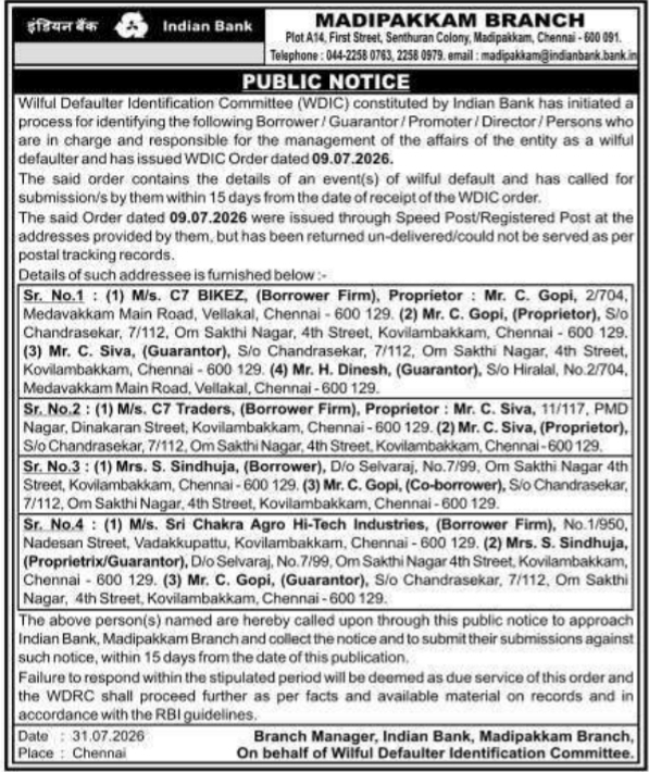 Public Notice by Indian Bank