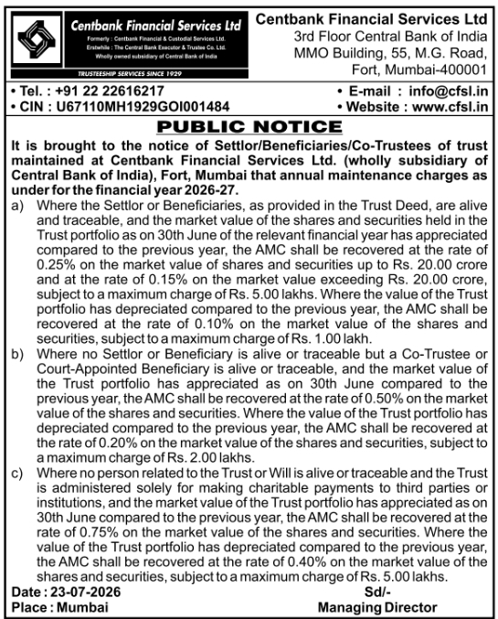 Public Notice: Centbank Financial Services Trust Maintenance Charges