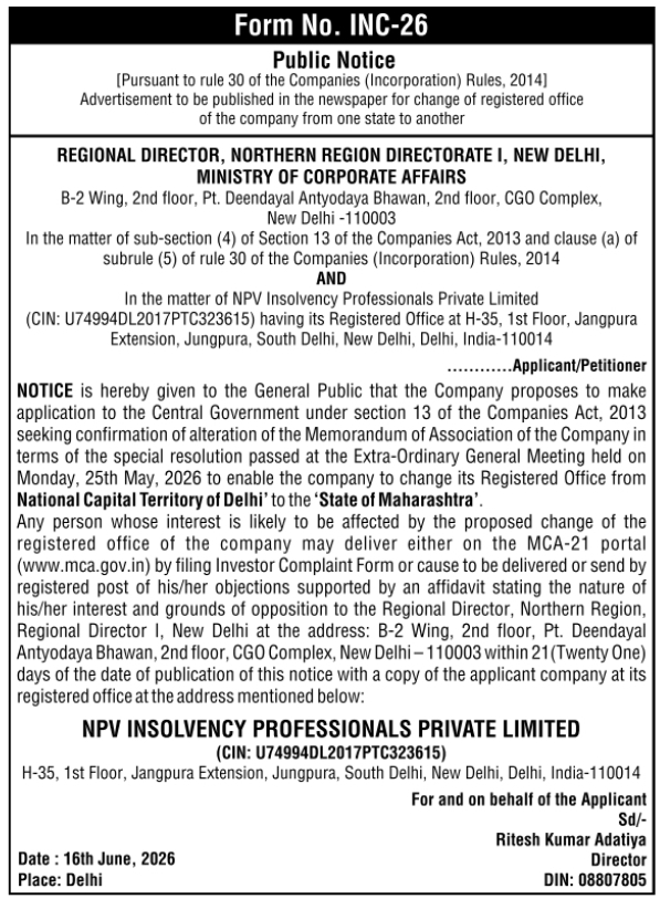 Public Notice: Company Registered Office Relocation for NPV Insolvency Professionals