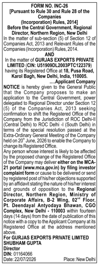 Public Notice: Company Registered Office Shifting Application