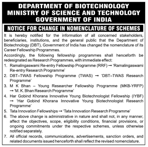 Public Notice: DBT Fellowship Schemes Renamed