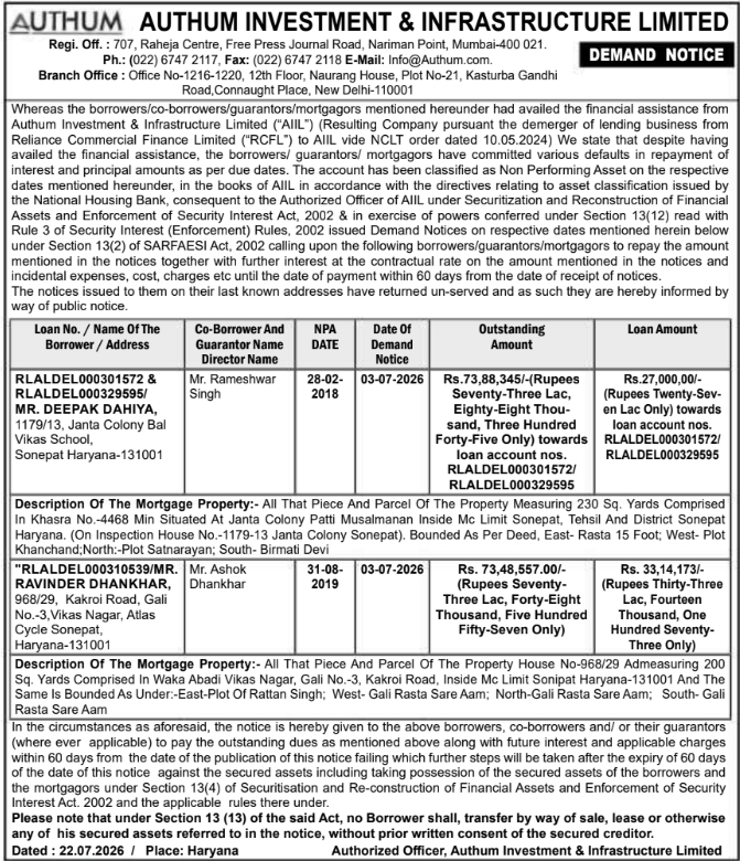 Public Notice: Demand Notice to Borrowers